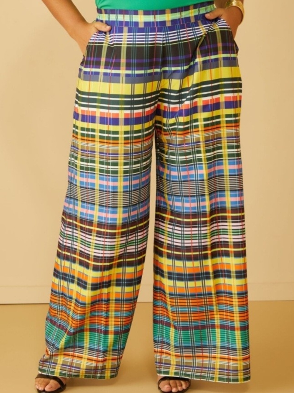 NWT Ashley Stewart Multicolor Plaid Wide Leg Pants Size 24